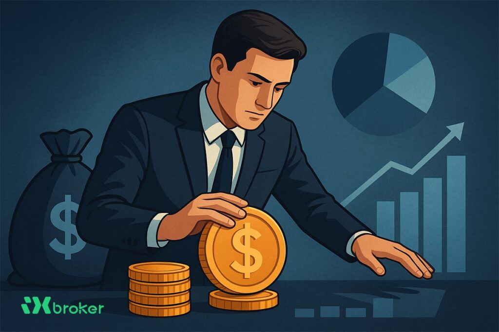 مدیریت سرمایه - مرد کت و شولار پوشی که در حال مدیریت کردن سکه هایش است و در تصویر چند المان نمودار و کیسه پول وجود دارد